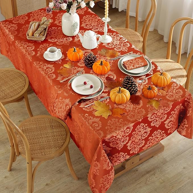 SASTYBALE Thanksgiving Tablecloth Rectangle 52 x 70 Inch Waterproof Stain Resistant Jacquard Damask Table Cloth, Fabric Table Cover for Fall, Autumn, Harvest Party, Holiday Dinner, Burnt Orange/Rust