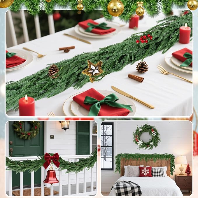 12FT（2 * 6FT）Norfolk Pine Garlands, Christmas Cedar Garland, Real Touch Faux Green Garlands, Winter Artificial Greenery Garland for Mantle, Stairs, Table, Fireplace, Indoor & Outdoor Xmas Decorations