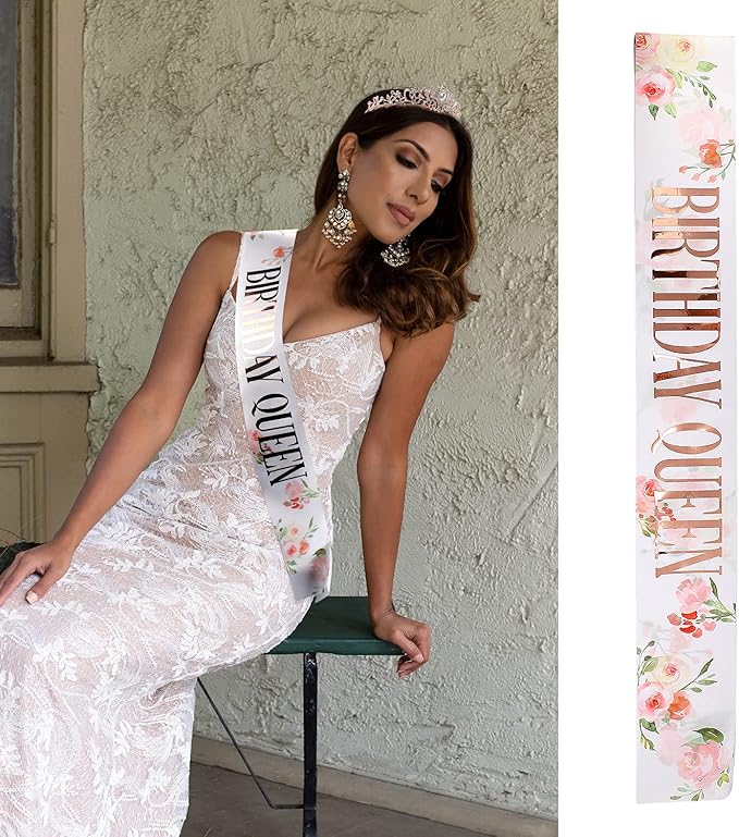 Rose Gold Tiara Crown for Women - Happy Birthday Flower Crown Sash, Party Favors Supplies, Cake Toppers, Gifts for Women, Halloween Cosplay