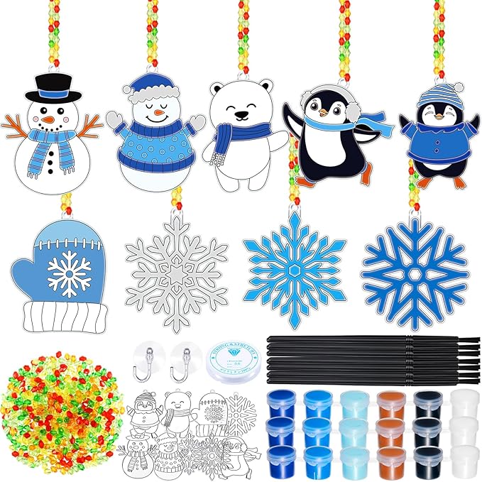 Capoda 36 Sets Snowflake Suncatchers Ornaments Decorations Snowman Suncatchers Craft Kits Hanging Sun Catchers Winter DIY Window Paint Art for Boys Girls Christmas Winter Home Party Activity