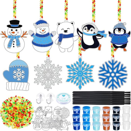 Capoda 36 Sets Snowflake Suncatchers Ornaments Decorations Snowman Suncatchers Craft Kits Hanging Sun Catchers Winter DIY Window Paint Art for Boys Girls Christmas Winter Home Party Activity