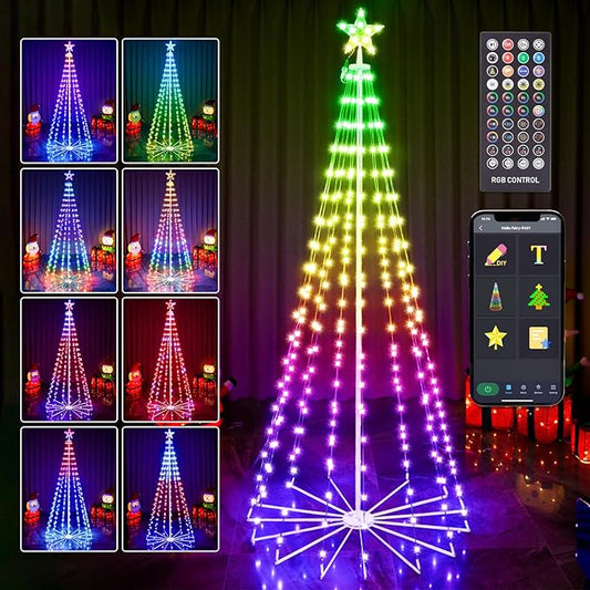 7FT Outdoor Christmas Tree, RGB Color Changing Pre-lit Smart Cone Christmas Tree with LED Lights, App&Remote Control, DIY Multi-Color Lightshow, Music Sync, Christmas New Year Decoration