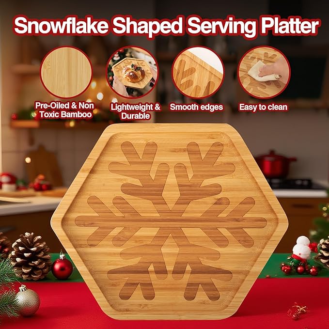 Christmas Serving Tray, Snowflake Shape Charcuterie Board, Bamboo Serving Platter Dish for Holiday Party Food Tray for Cheese Snack Fruit 10 x 8.7 x 0.6 Inches