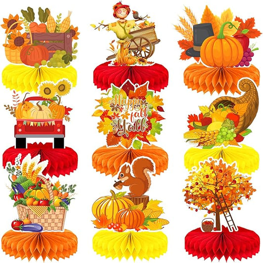 9Pcs Fall Centerpiece Table Decorations Fall Party Decorations Thanksgiving Table Centerpiece Turkey Centerpiece Pumpkin Honeycomb for Thanksgiving Table Decoration Autumn Birthday Party Supplies