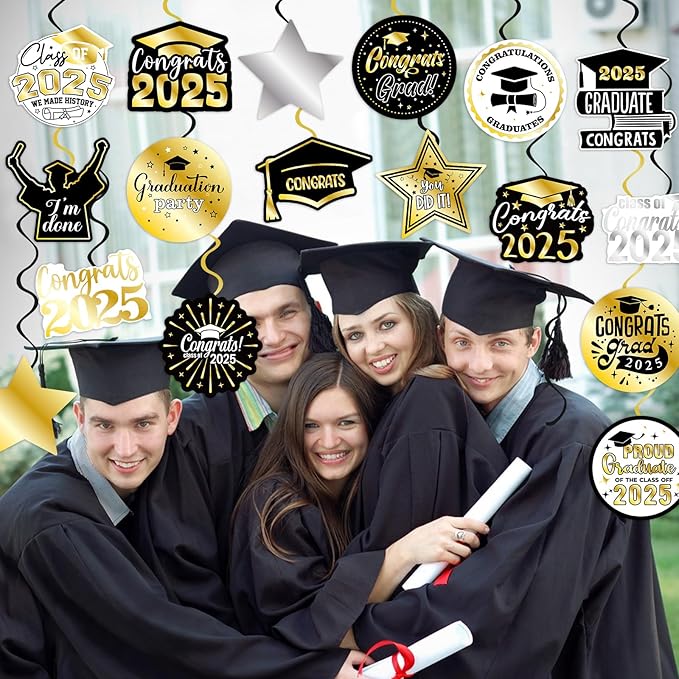 40Pcs Graduation Party Hanging Swirl Decorations, Black Glod Class of 2025 Congrats Grad Hanging Swirls Ceiling Decorations for 2025 Graduation Party Decor Supplies