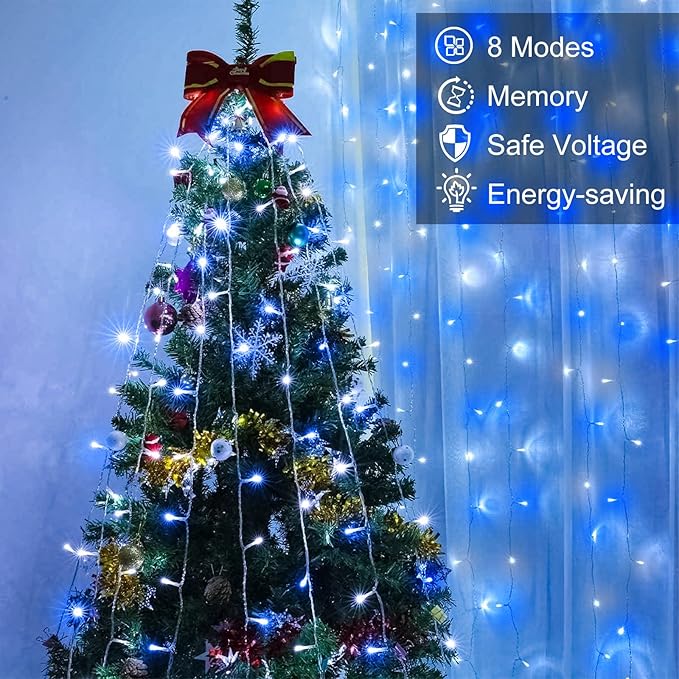 66FT 200 LED Christmas Lights Outdoor, Plug in Christmas String Lights Waterproof with 8 Modes, Connectable Clear Wire Fairy Light for House Tree Xmas Party Decor, Blue White