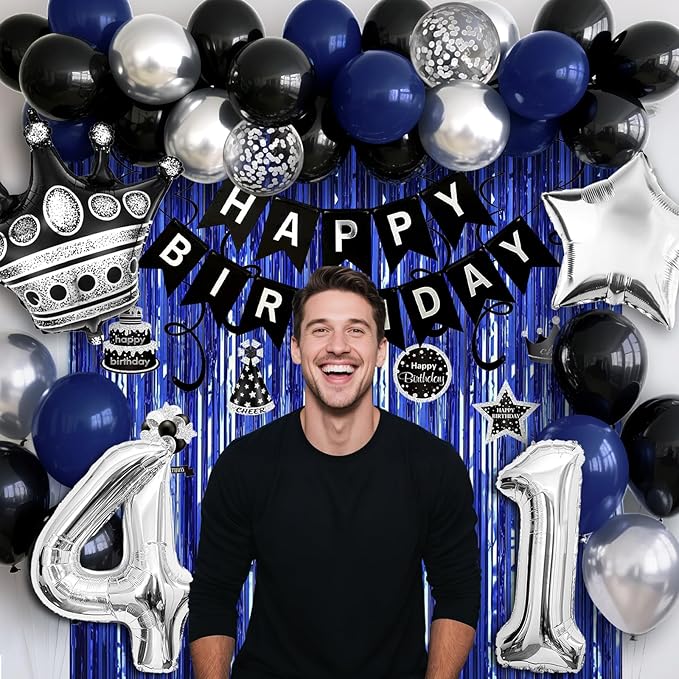 41st Birthday Decorations for Men and Women, Black Blue Silver Happy Birthday Number 41 Balloons, Banner, Fringe Curtains Garland Kit - 41 Year Old Party Supplies