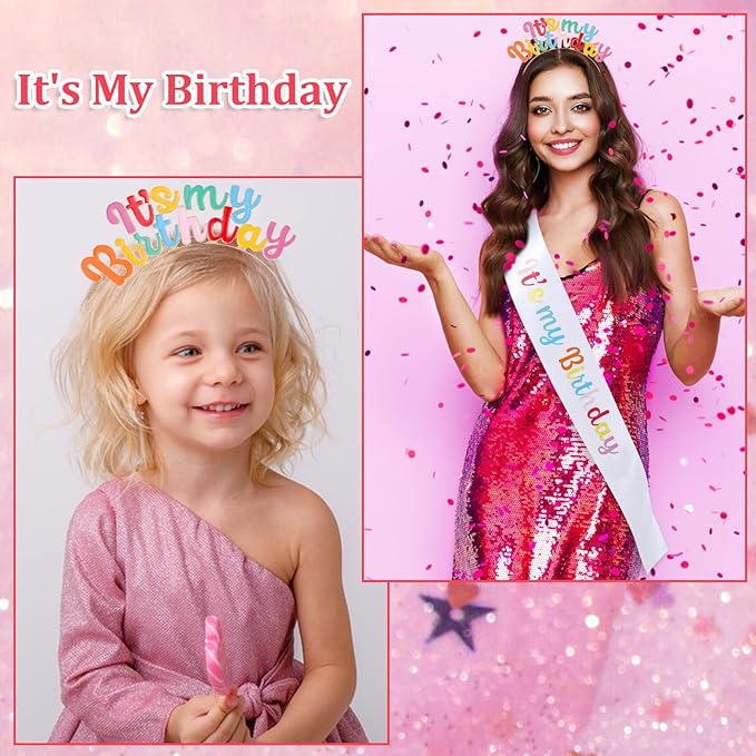 Its My Birthday Headband Set, Rainbow Sash and Crown, Happy Birthday Headpiece for Women Girls Party Decorations (Colorful)