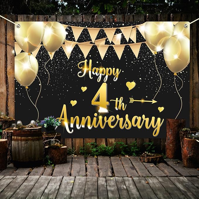 HAMIGAR 6x4ft Happy 4th Anniversary Banner Backdrop - 4 Wedding Anniversary Decorations Party Supplies - Black Gold