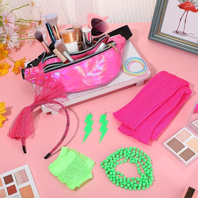 Handepo 19 Pcs 80s Costume Accessories Holographic Fanny Pack Leg Warmers Lace Headband Earrings Gloves Necklace Bracelet