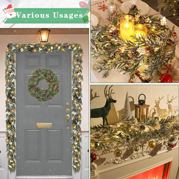 6FT Christmas Garland with Lights, Christmas Decorations Indoor Outdoor Pre-lit Artificial Pine Garland with Battery Operated Timer, Home Holiday Decor Flocked Garland for Mantel Window Stairs Wall