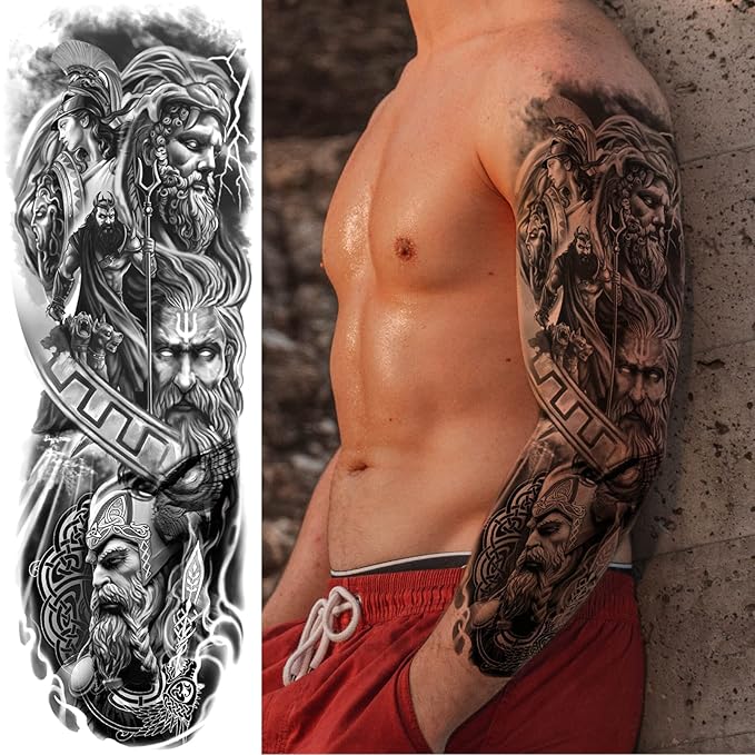 Greek Warrior Temporary Tattoo Sleeve for Men, 4-Sheet Full Arm Large Realistic Poseidon Knight Fake Tattoo Sleeve Adult Women and 4-Sheet Black Eye Greek Myth Half Arm Temp Tatoo Sticker Leg Body Art