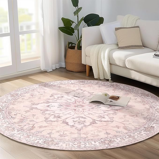 Area Rugs 5ft Washable Non-Slip, Floral Vintage Distress Print Pattern Medallion Carpet for Living Room Bedroom Dining Room, Pink Greypink Cute
