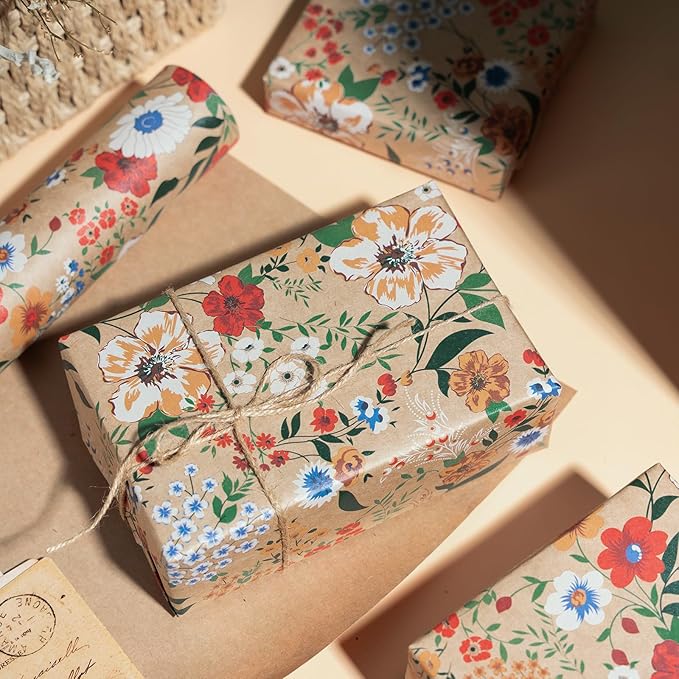 WRAPAHOLIC Kraft Floral Wrapping Paper Roll - Mini Roll - 17 Inch x 33 Feet - All Occasion Flower for Wedding Bridal Shower Birthday