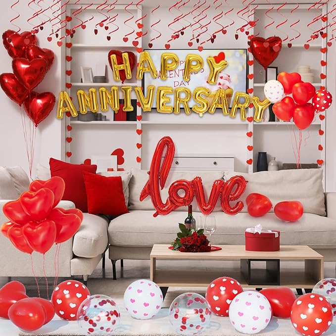 Red Valentines Day Balloons kit,Anniversary Decorations Valentines Day Decorations,Red Valentines Day Balloons with Happy Anniversary Banner Heart Balloon for Sweetest Day Decorations