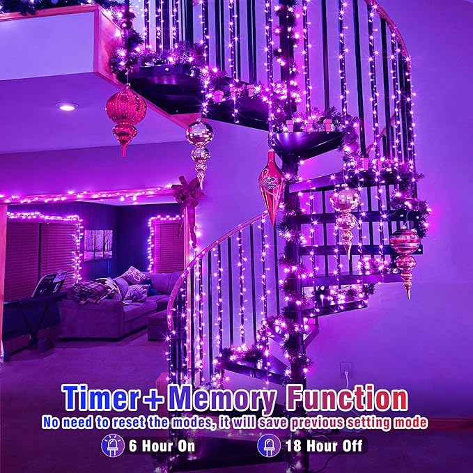 Vivideal 100 LED String Lights Outdoor Waterproof 33ft Purple String Lights Clear Wire with 8 Modes Plug in Purple Christmas Light for Tree Party Christmas Decorations