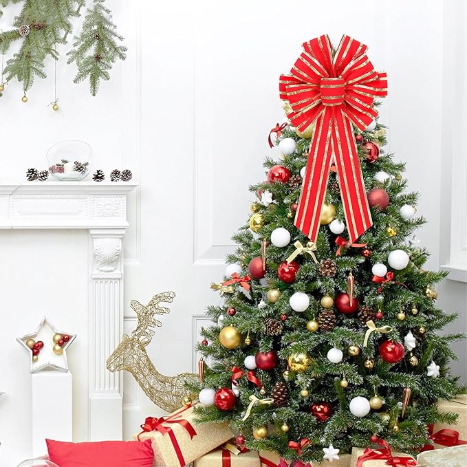 RoseCraft 2PCS Red/Gold Christmas Bow, 9”x13” Large Velvet Christmas Tree Topper Bow Ornaments for Home Xmas Tree Wreath Fence Stairs Railing Fireplace Indoor Outdoor Front Door Party Decoration.