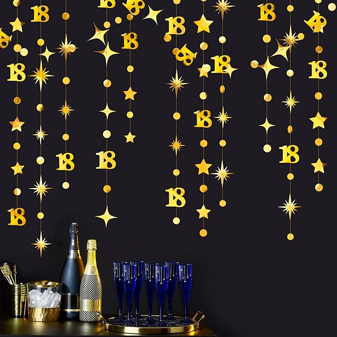 Gold 18th Birthday Decorations Number 18 Circle Dot Twinkle Star Garland Metallic Streamer Banner Backdrop for Girls Boys Happy 18th Birthday Time to Adult Cheers to 18 Years Old Anniversary Party