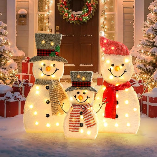 GENIMO 3-Piece 2D Outdoor Snowman Christmas Decorations Yard, 30 inch Pre Lit Snowman Family with 70 Led Lights Outside Indoor Holiday Lighted Christmas Decor for Lawn