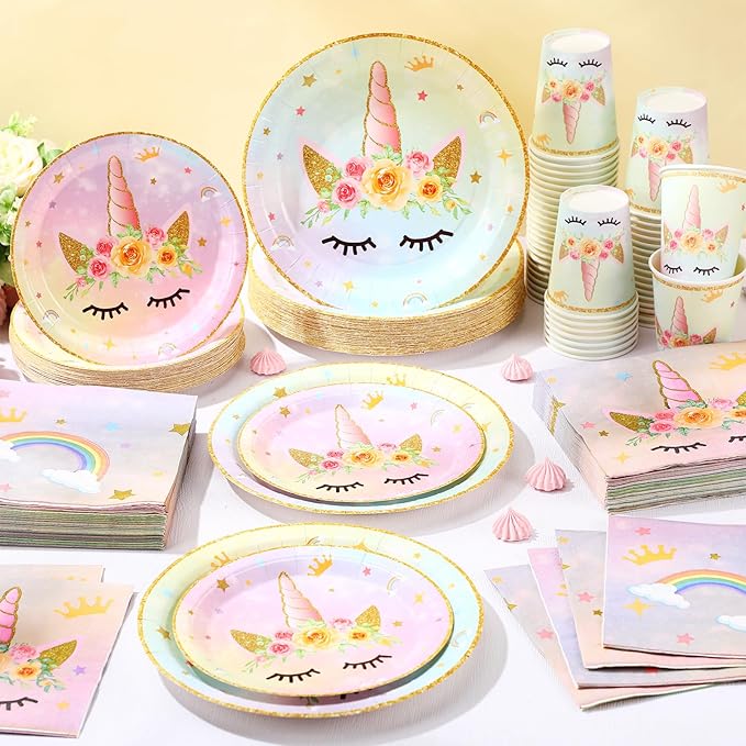 250 Pcs Unicorn Fairy Party Decoration for Girl, Happy Birthday Rainbow Floral Pastel Fairy Theme Paper Plates Napkins and Cups Tableware for Unicorn Baby Shower Party Supplies, Serves 50