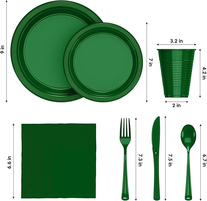 Party Solids 350 Pieces Emerald Green Plastic Plates For Party, Emerald Green Disposable Plates Set, 50 Of Each 9" Dinner Plate Set, 7" Dessert Plate, Cups, Napkins & Cutlery Plastic Dinnerware