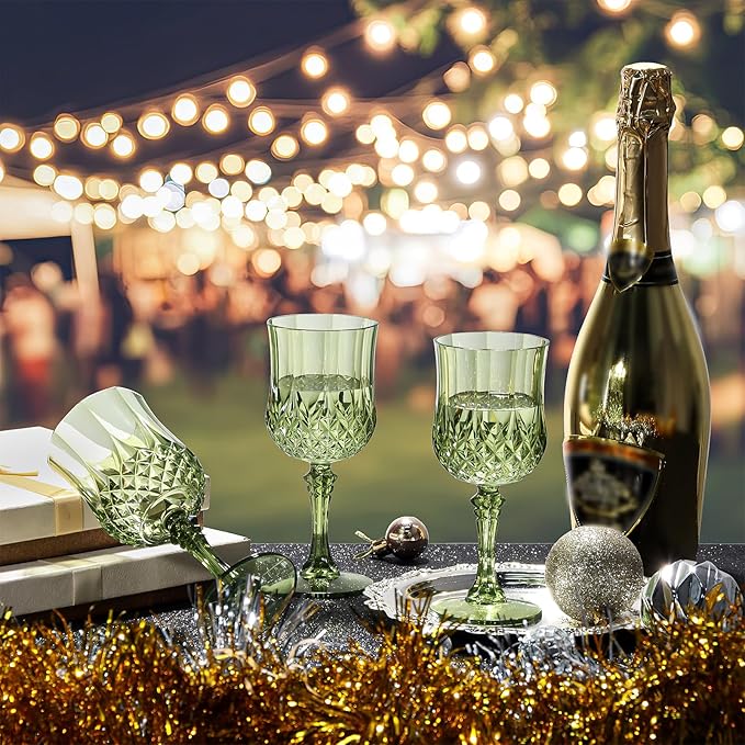 XUWAIDSGN 16 Pcs 7oz Plastic Vintage Wine Glasses Drinking Glasses Unbreakable Wedding Glassware Crystal Water Goblets Reusable Drinkware Vintage Champagne Flutes (16, Dark Green)