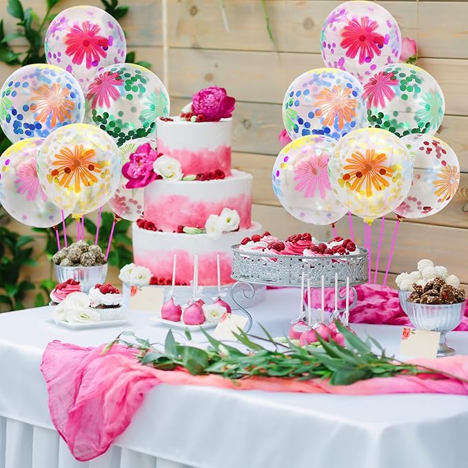 50 Pieces Flower Print Confetti Balloons 12 Inch Colorful Clear Floral Latex Balloon with Balloon Holder Sticks Spring Summer Tropical Picnic Wedding Birthday Graduation Bridal Shower Party Supplies