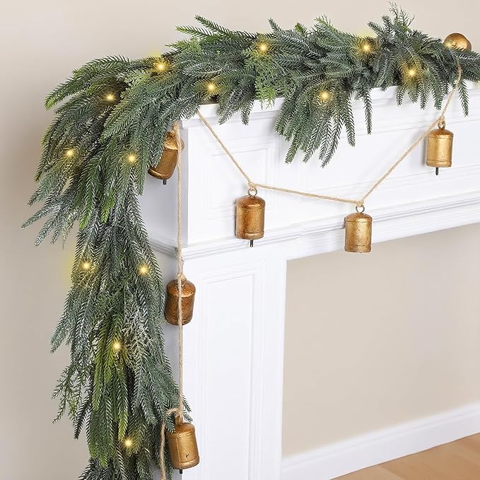 Fovths 6 Ft Christmas Garlands with Lights and Bells Real Touch Norfork Cedar Pine Garland Artificial Greenery Garlands for Christmas Mantle, Table Indoor Outdoor Decorations, Green and White