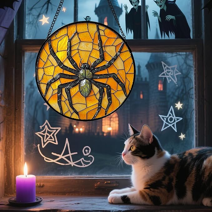 Stained Glass Window Hanging - Halloween Decorations Black Spider Suncatcher for Doors Garden Indoor Spooky Funny Sun Catchers Gothic Decor Horror Gifts for Women Men Friend 7.8 in