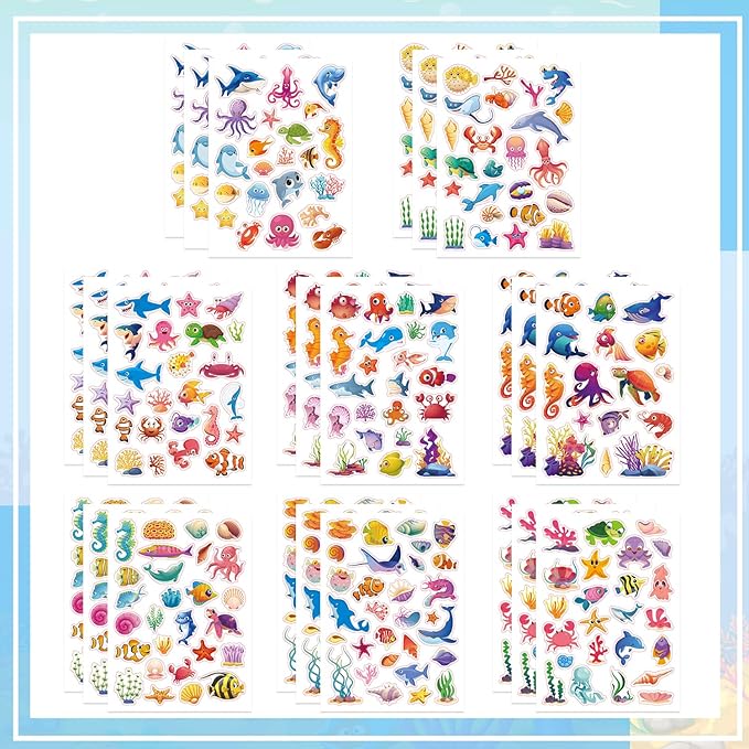 24 Sheets Ocean Stickers for Kids, 564 Pcs Under The Sea Animal Stickers Bulk Preschool Sticker Sheets for Reward Craft Scrapbooking Water Bottles Gifts Bags Cards Envelopes Decor