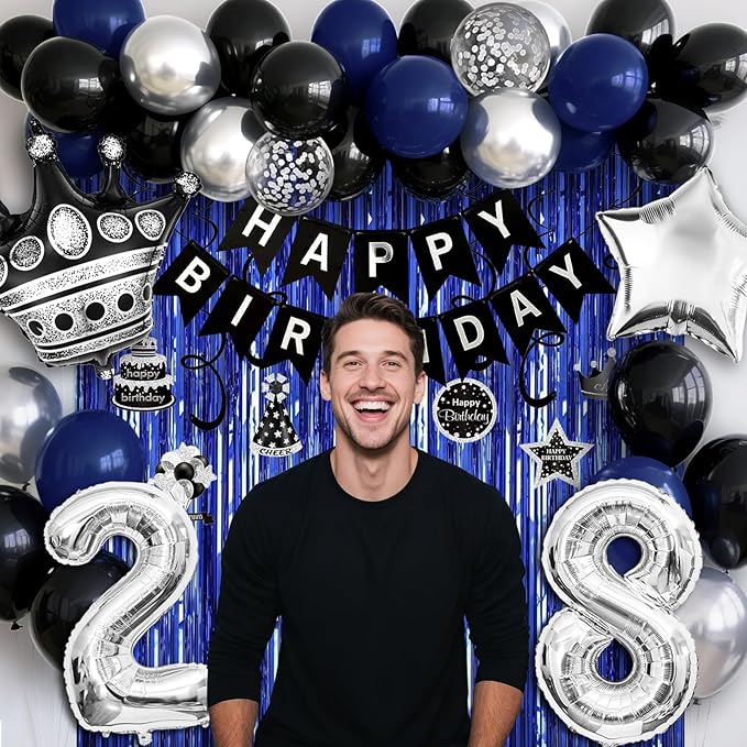28th Birthday Decorations for Men and Women, Black Blue Silver Happy Birthday Number 28 Balloons, Banner, Fringe Curtains Garland Kit - 28 Year Old Party Supplies