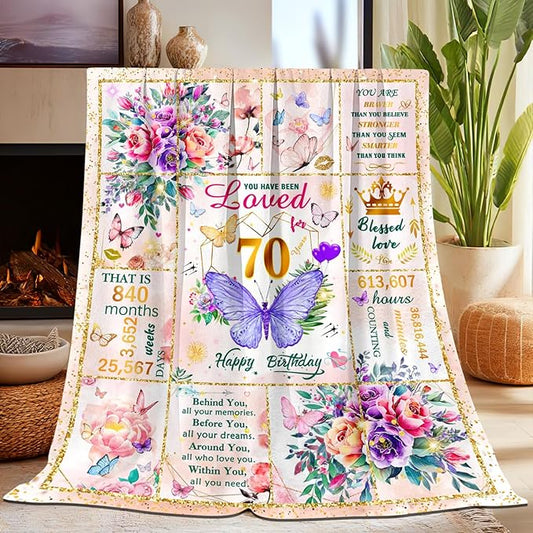 70th Birthday Gifts for Women, Super Soft Unique Fun Purple Butterfly Flower Blanket Gifts for Anniversary Christmas, 70th Birthday Decorations for Women, Cozy Warm Plush Fuzzy Fleece Blanket 60"x50"