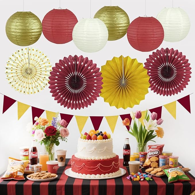13Pcs Maroon and Gold Party Decorations, Burgundy and Gold Party Decorations Hanging Paper Lanterns Paper Fans for Graduation Baby Shower Birthday Thanksgiving Fall Decor