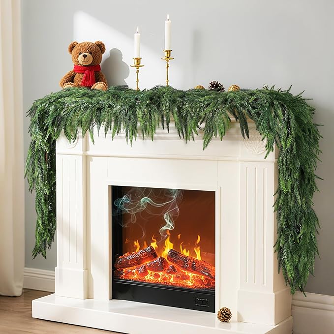 9FT Real Touch Norfolk Pine Garland, Long Faux Greenery Christmas Garland for Mantel, Stairs, Fireplace, Wall, Outdoor Indoor Christmas Decorations, Qualified Material, Easy to Shape, 1P