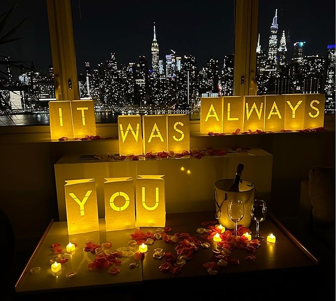 It Was Always You Light Up Letters with 30 Tea Lights Candles and 1000 Red & Pink Rose Petals - Luminary Bags Engagement Party Decorations & Anniversary Decorations Ideal Gift For Men & Women