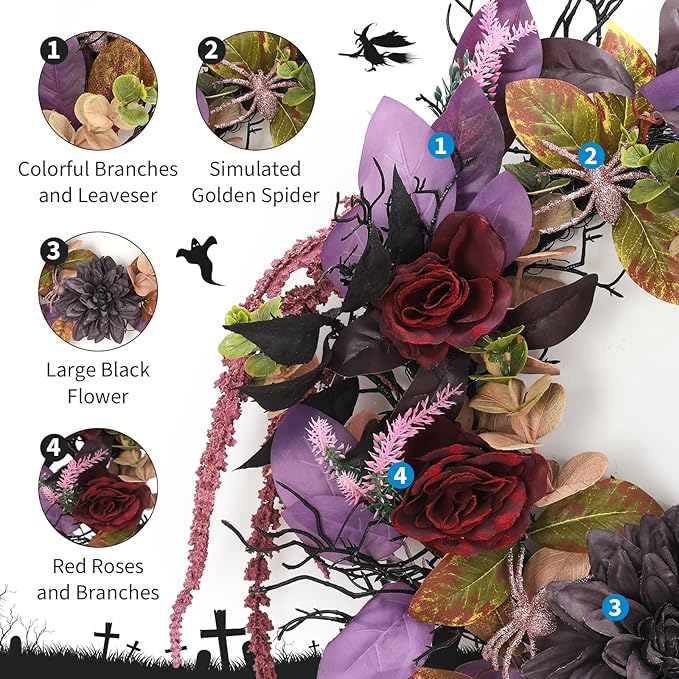 18 Inch Halloween Wreath for Front Door, Gothic Wreath with Spiders and Black Roses, Creepy Outdoor Indoor Decor for Window, Mantel, Wall, Fireplace - Durable Artificial Decorations
