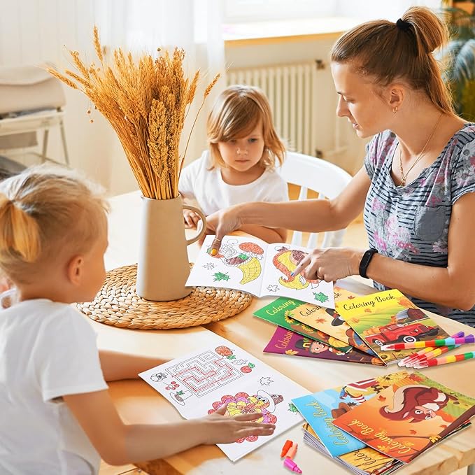 BenLouis 24 Fall Mini Coloring Books Kids with 24 Stacking Crayons Thanksgiving Theme Party Favors Activity Books Bulk for Kids Autumn Harvest Birthday Goodie Bag Gift Stuffer Classroom Reward