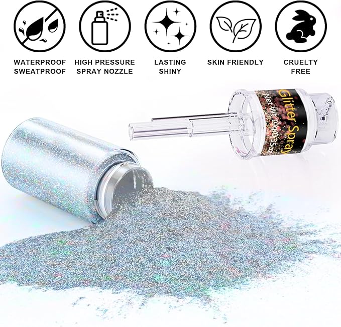 Holographic Body Glitter Spray 10g, Multicolor Sparkle Mist for Hair, Face Body, Long-Lasting Festival Makeup Glitter, Rave Party Shimmer Powder, DIY Craft Costume Glitter