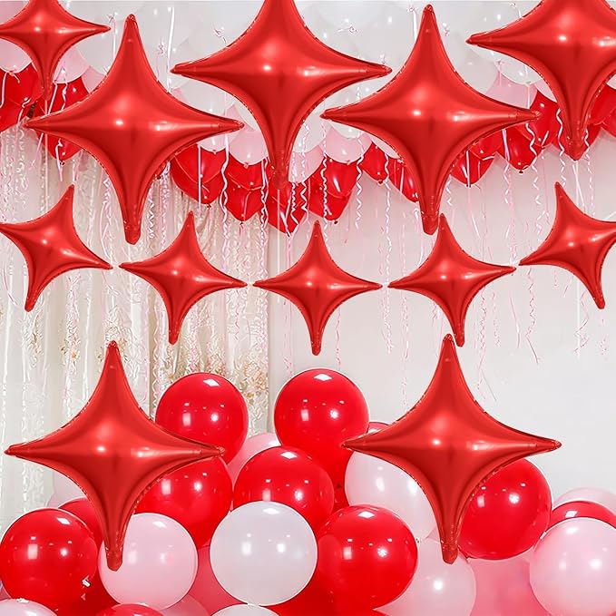 Red Star Balloons,12Pcs Four Angle Star Foil Balloons,26Inch and 10Inch Red Quadrangle Helium Balloon for Birthday New Year Christmas Anniversary Baby Shower Wedding Party Decorations