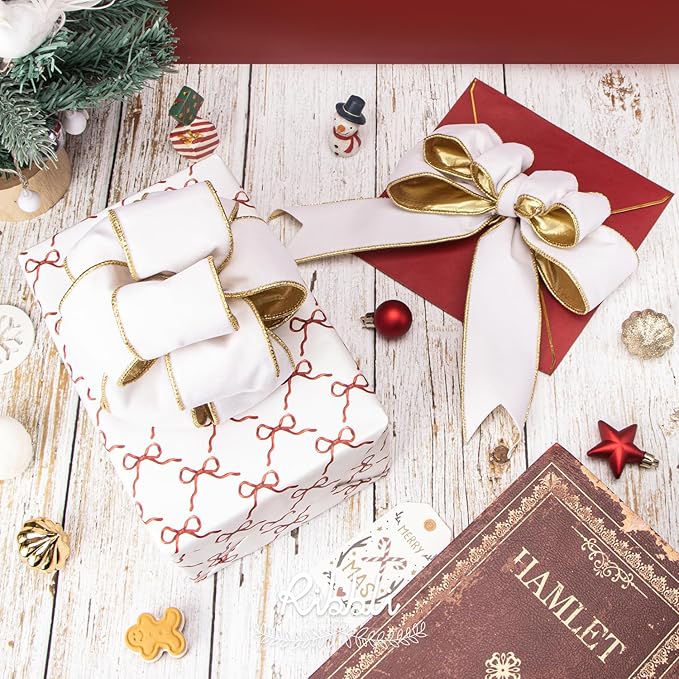 Ribbli White Velvet Wired Ribbon 2.5 Inch Luxury Matte Velvet Christmas Ribbon for Gift Wrapping Christmas Tree Decoration Crafts Wreaths Supplies - 10 Yards