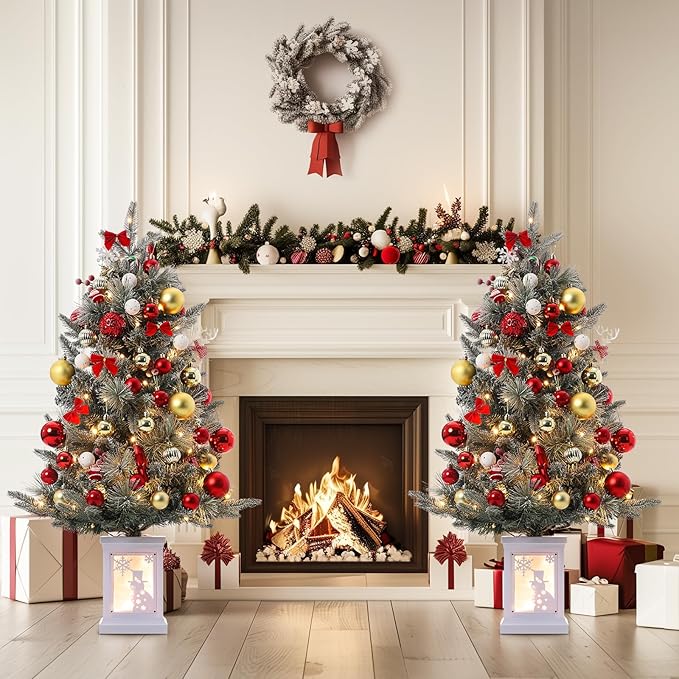 GarveeHome 3FT Prelit Christmas Tree with 78 Warm Lights & Red Berry, Artificial Xmas Trees with Snowman Light Box Base, for Home, Office, Fireside Christmas Decoration, Set of 2