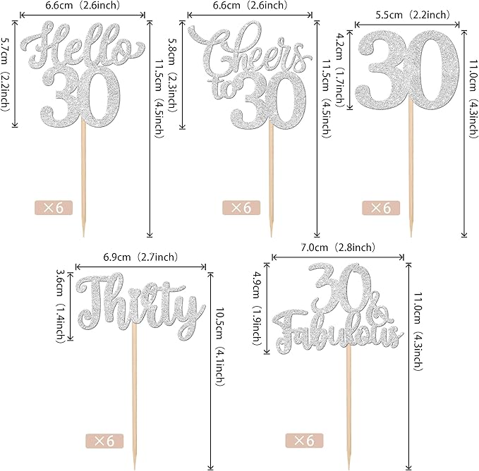 30PCS Happy 30th Birthday Cupcake Toppers Glitter Thirty Cheers to 30 Years Old Birthday Cupcake Picks Hello 30 Fabulous Cake Decorations for Happy 30th Birthday Anniversary Party Supplies Silver