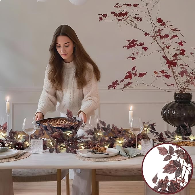 Neutral Fall Garland for Mantle Fireplace - 2 Pack 6Ft Plum Cimicifuga Seeded Leaf Garlands Purple Autumn Decor Table Decorations for Home Indoor Door Halloween Realistic Leaves Garlands Outdoor