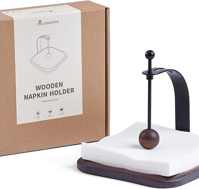 Walnut Napkin Holder for Table Wood Square Napkin Dispenser with Metal Cocktail Napkin Holder, Suitable for Kitchen, Restaurant, Bar, Office, Parties, Home Décor (South American black walnut Wood)