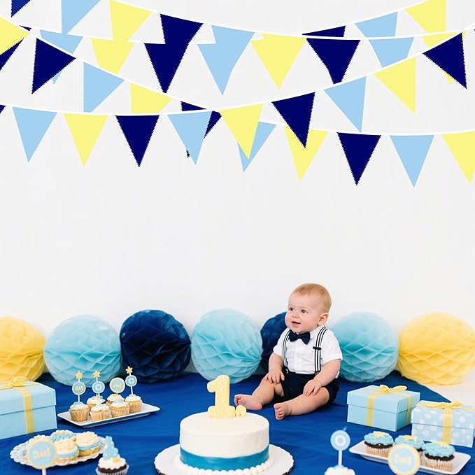 32Ft Blue Yellow Party Decorations Yellow Blue Triangle Flag Pennant Banner Fabric Garland Streamers for Capri Lemon Birthday Nautical Bridal Baby Shower Mediterranean Sea Party Festivals Supplies