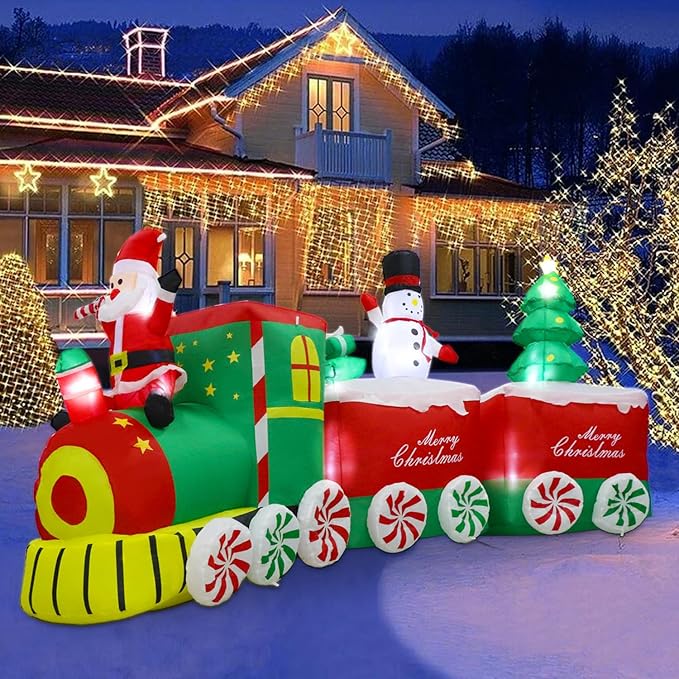 11 FT Christmas Inflatable Train Decoration with Santa Claus, Red & Green, Multicolor LED Lights, Weather Resistant
