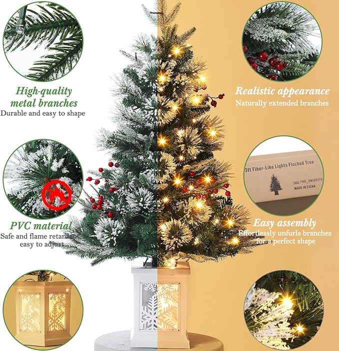 3 ft Mini Christmas Tree with Premium 78 Warm White Led, 8 Mode Xmas Pine Tree for Christmas Decoration, Party Decoration, Home, Office, Snow Flocked White Base 2 Pack