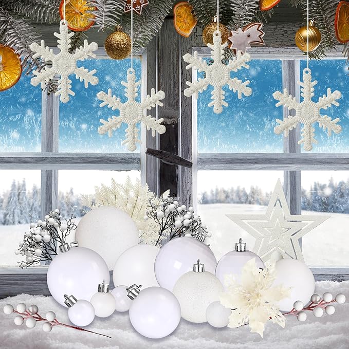 Sratte 94 Pcs Christmas Tree Decorations Set, Christmas Tree Ball Ornaments Glitter Poinsettia Flowers Decorations Glitter Berries Stems for Xmas Holiday Wedding(White)