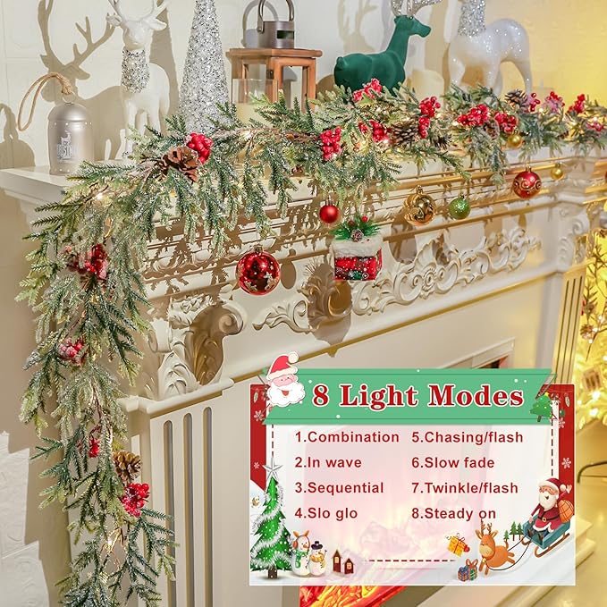 6FT Christmas Garland with Lights, Christmas Decor Pre-lit Artificial Pine Garland with Battery Operated Timer, Decorations Indoor Outdoor Home Holiday Flocked Garland for Mantel Window Stairs Wall