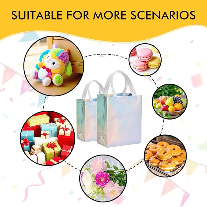 100 Pcs Iridescent Glossy Gift Bags Medium Size, 8x4x10 In Holographic Reusable Gift Bags with Handles & Sturdy Base, Ideal for Birthday, Wedding, Bachelorette, Party Favors, Holiday Goodie Bag